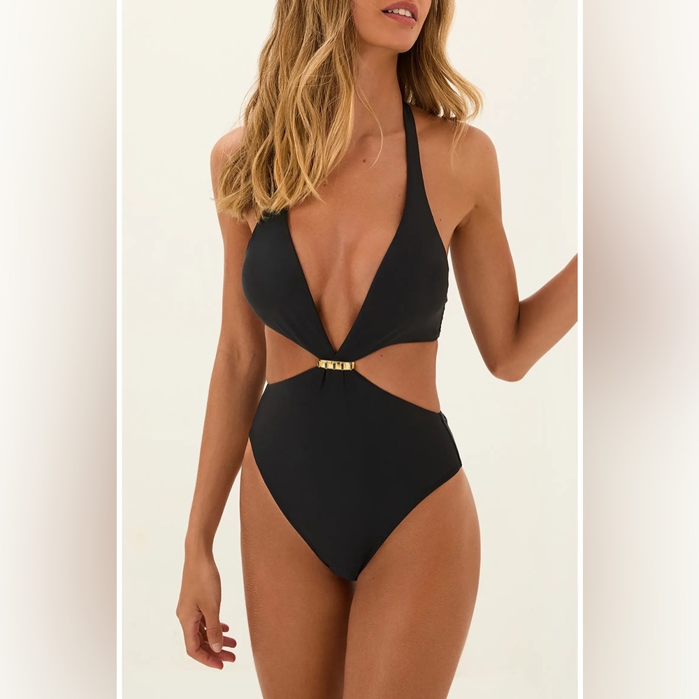 ViX Paula Hermanny Bessie Cutout One-Piece Swimsuit Black Gold Medium NWOT
